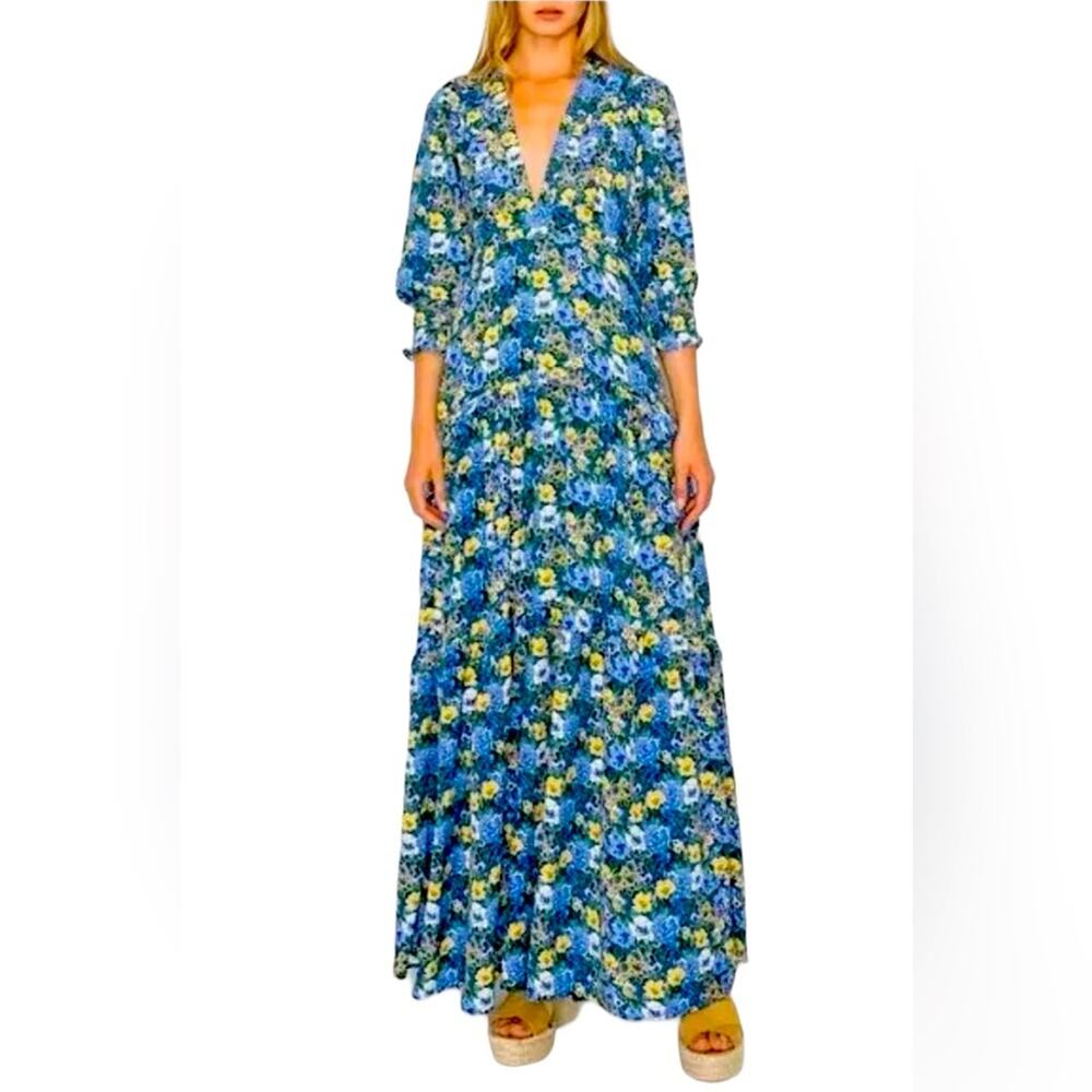 Melloday Blue Floral Tiered V-Neck Maxi Dress Size XS